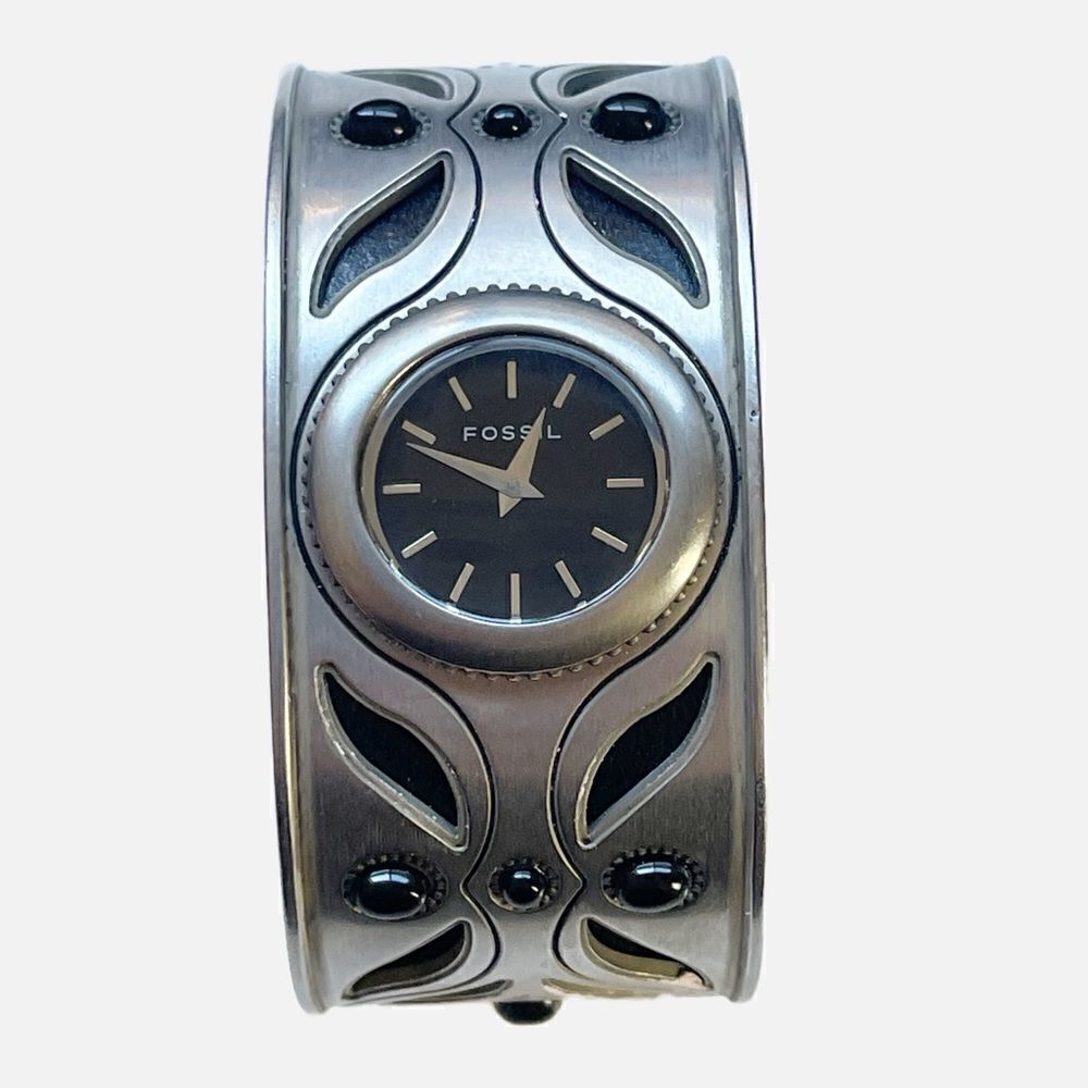 Fossil Leather metal cuff bracelet watch Vintage.